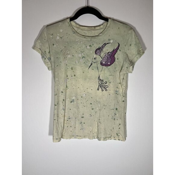 Vintage Y2K GRAIL light green hummingbird paint splatter tshirt M distressed - Picture 1 of 9